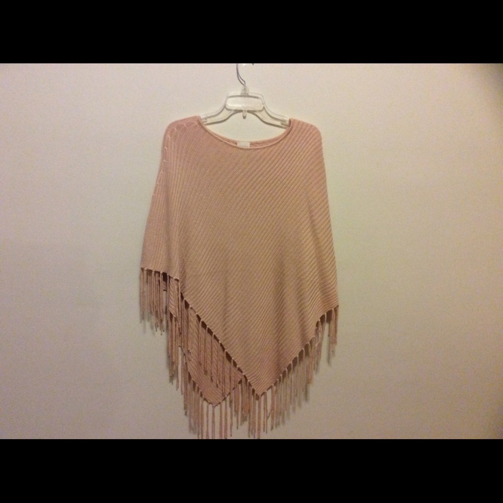 Pink Ribbed Poncho w/ Fringe